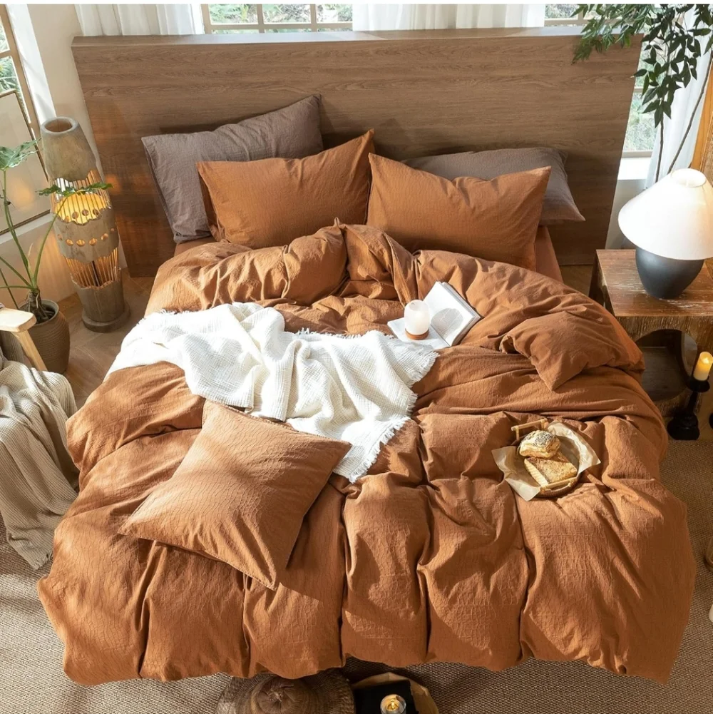 MooMee Wavy Striped Duvet Cover Set 100% Washed Cotton Linen Like Textured Breat